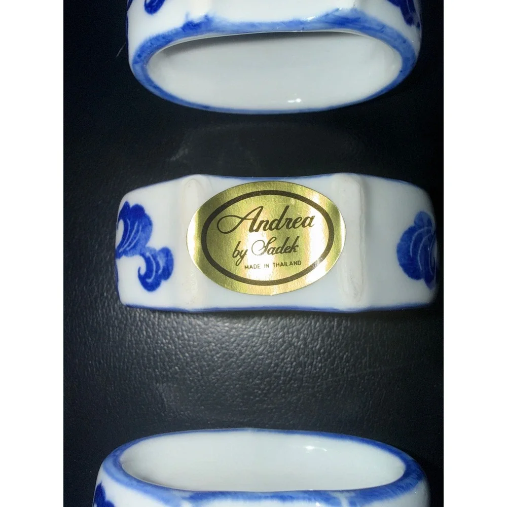 Andrea by Sadek Blue and White Porcelain Napkin Ring Set of 8 Floral Chinoiserie